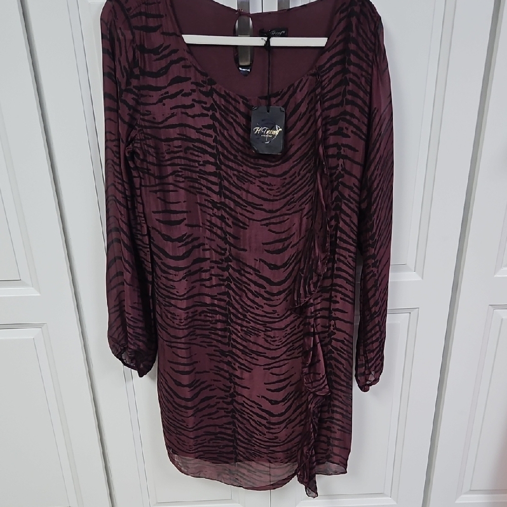 100% Silk H Trend Women's Deep Wine Abstract Print Dress